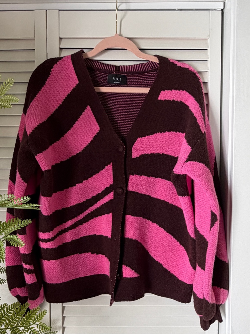 VICI Pink & Brown Bold Striped V-Neck Button Cardigan